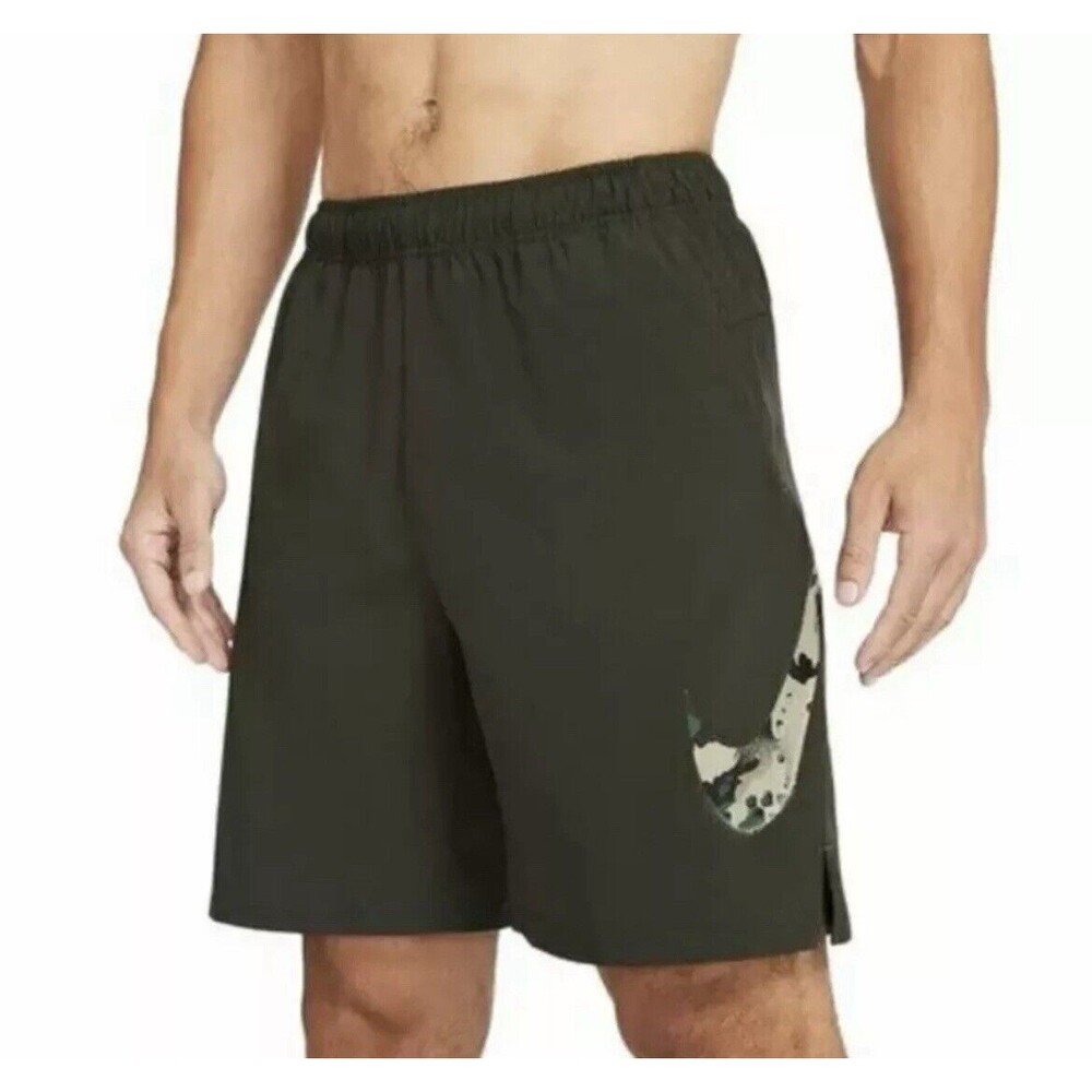 Mens Nike Small Dri Fit Shorts Green Camo Swoosh Logo Athletic Activewear Sports
